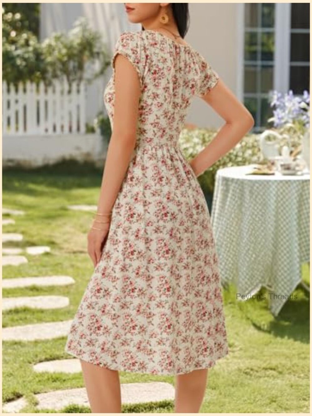 Women's Casual Midi Dress with Pockets V Neck Puff Sleeve A-Line Sundress - Picture 6 of 7